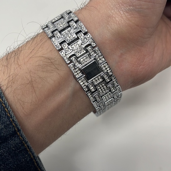 Mens hexagon silver watch cz diamonds stainless steel - Picture 3 of 4